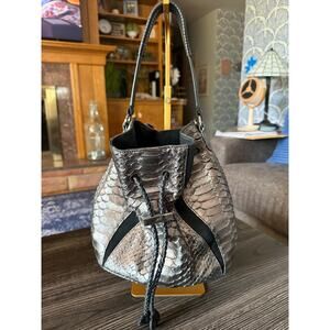 KHIRMA ELIAZOV New York Black and Metallic Silver Scaled Bucket Bag
